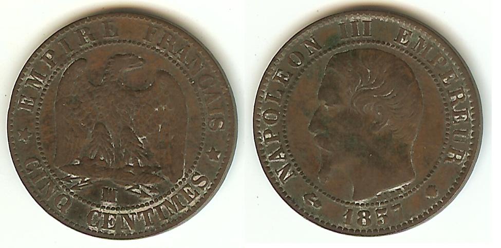 Cinq centimes Napoléon III, tête nue 1857 Marseille TTB-